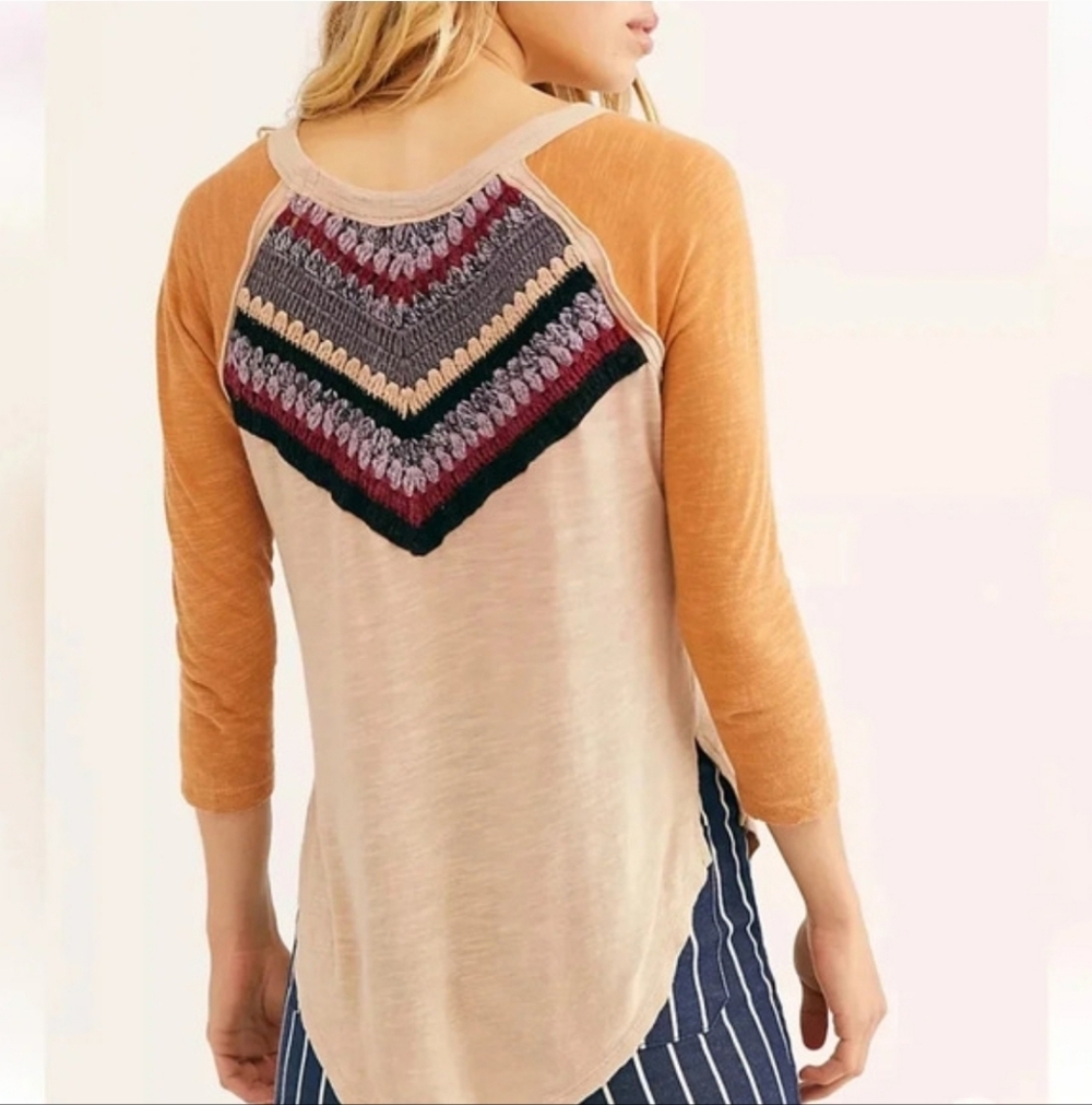 Free People We The Free Spring Bound Long Sleeve Top Small Boho Crochet Yoke Bei - Picture 2 of 12